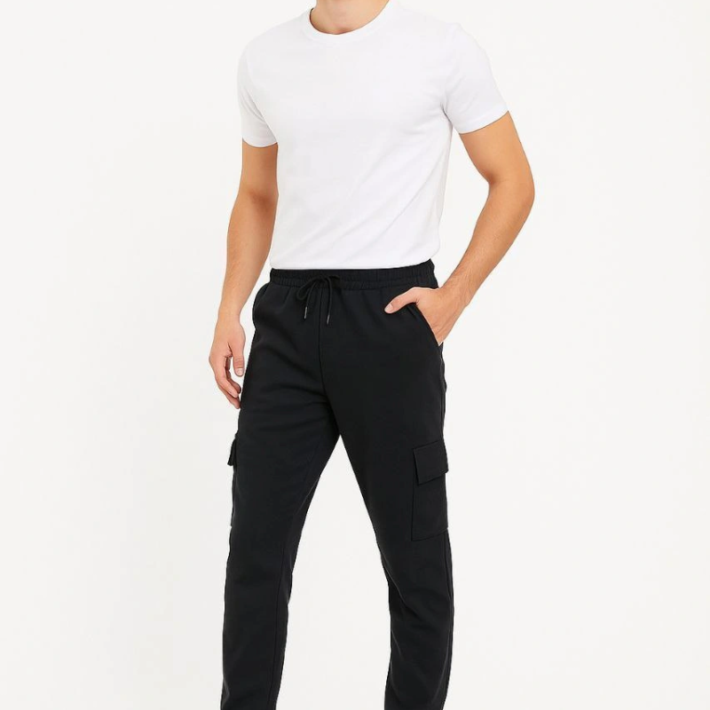 Siyah Jogger Eşofman Altı Rahat Kalıp, Kargo Cepli, Lastikli Paça, Günlük Spor Pantolon - Siyah