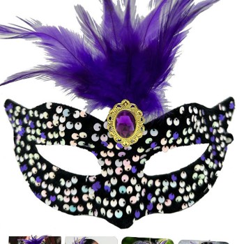 Siyah Kadife Payetli Pullu Mor Tüylü Parti Maskesi