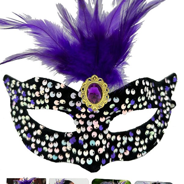 Siyah Kadife Payetli Pullu Mor Tüylü Parti Maskesi