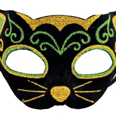 Siyah Kadife Sarı Yeşil Simli Kedi Maskesi