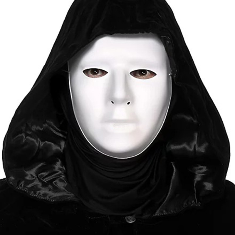 Siyah Kapüşonlu 120 cm Pelerin ve Beyaz Boyanabilir Tam Yüz Maske