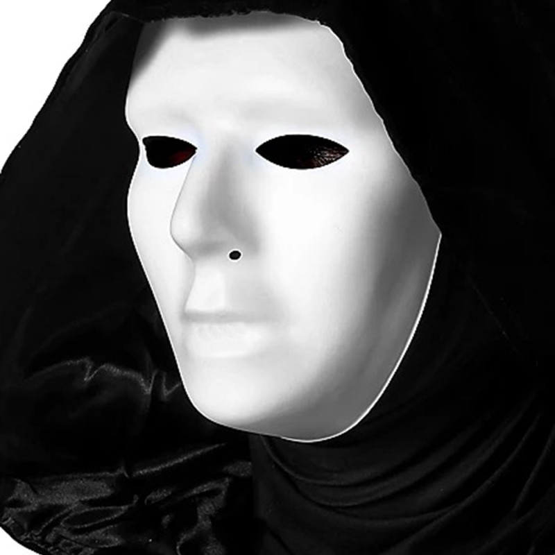 Siyah Kapüşonlu 120 cm Pelerin ve Beyaz Boyanabilir Tam Yüz Maske