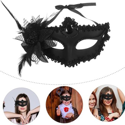 Siyah Mat Renk Yandan Tüylü Güllü Parti Balo Venedik Maskesi