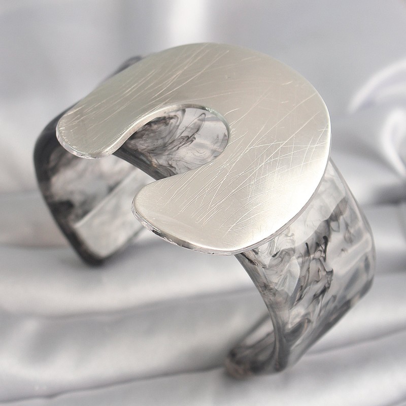 Siyah Mermer Desen Akrilik Plaka Vintage Kadın Bilezik