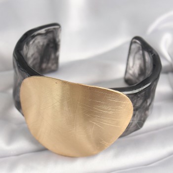 Siyah Mermer Desen Akrilik Plastik Gold Daire Plaka Model Vintage Kadın Bilezik