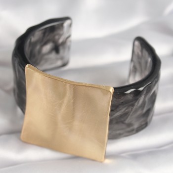 Siyah Mermer Desen Akrilik Plastik Gold Kare Plaka Model Vintage Kadın Bilezik