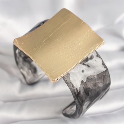 Siyah Mermer Desen Akrilik Plastik Gold Kare Plaka Model Vintage Kadın Bilezik