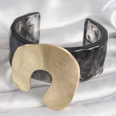 Siyah Mermer Desen Akrilik Plastik Gold Nal Model Plaka Vintage Kadın Bilezik