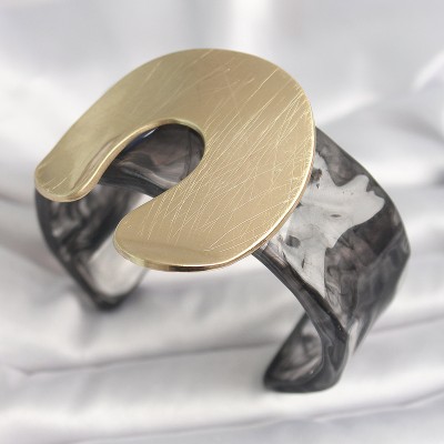 Siyah Mermer Desen Akrilik Plastik Gold Nal Model Plaka Vintage Kadın Bilezik