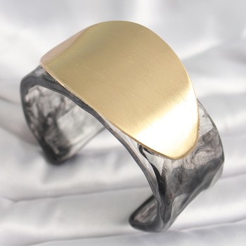 Siyah Mermer Desen Akrilik Plastik Gold Oval Plaka Model Vintage Kadın Bilezik