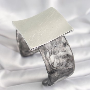 Siyah Mermer Desen Akrilik Plastik Gümüş Kare Plaka Model Vintage Kadın Bilezik