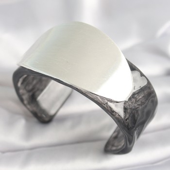 Siyah Mermer Desen Akrilik Plastik Gümüş Oval Plaka Model Vintage Kadın Bilezik