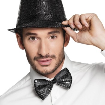 Siyah Payetli Şapka ve Papyon Seti – Parıltılı Yetişkin Kostüm Seti
