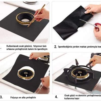  Siyah Renk Ocak Koruyucu Folyo Yanmaz Yapışmaz 4'lü Set