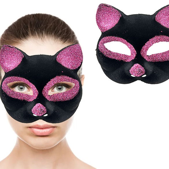 Siyah Renk Pembe Simli Kedi Maskesi