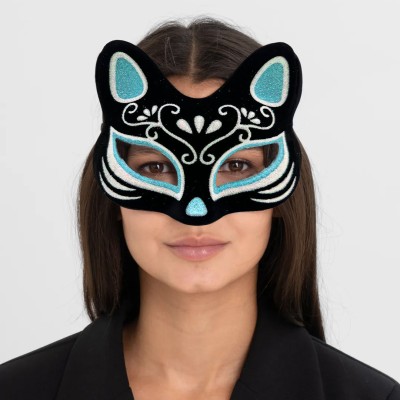 Siyah Süet Gümüş Mavi Simli Kedi Maskesi