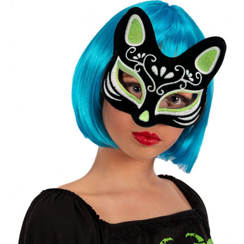 Siyah Süet Kaplama Gümüş Yeşil Simli Kedi Maskesi