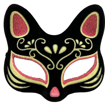 Siyah Süet Kırmızı Sarı Simli Kedi Maskesi