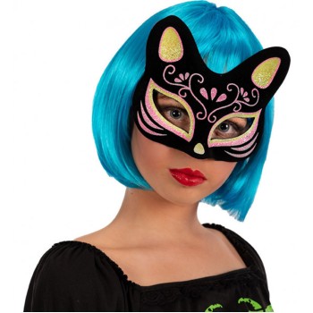 Siyah Süet Sarı Pembe Simli Kedi Maskesi