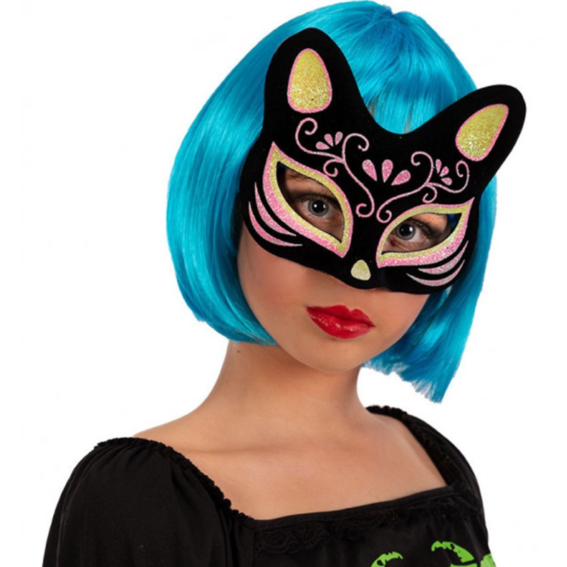 Siyah Süet Sarı Pembe Simli Kedi Maskesi