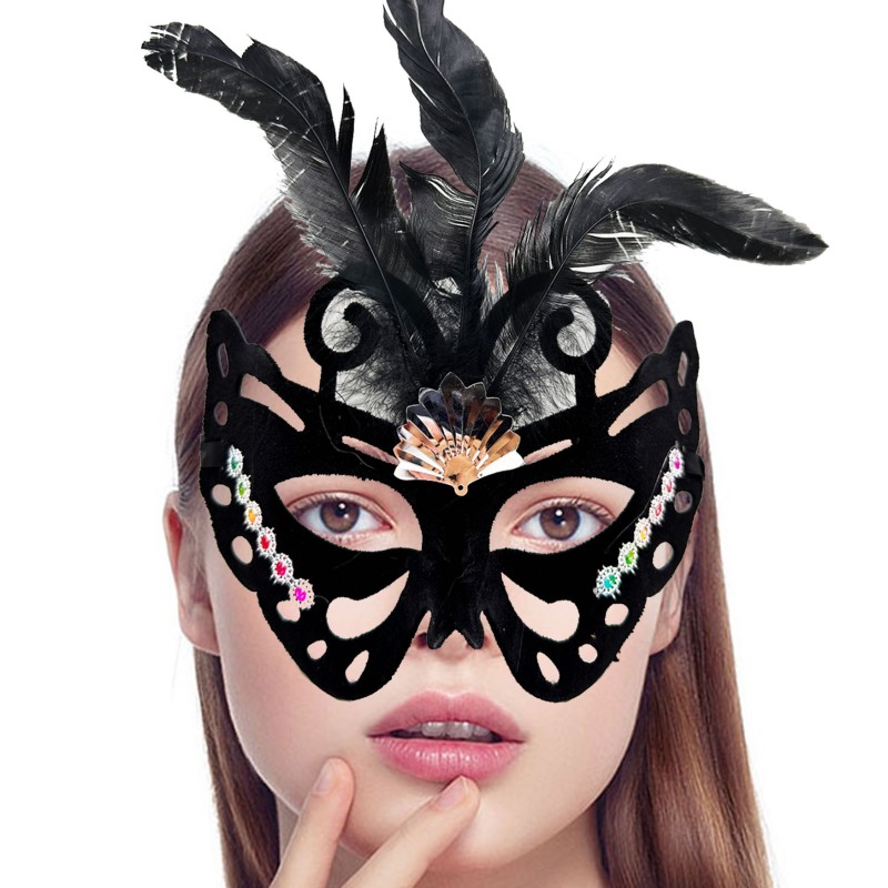 Siyah Süet Tüylü Kelebek Figür Parti Maskesi