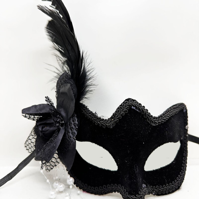 Siyah Süet Yandan Tüylü İncili Parti Maskesi