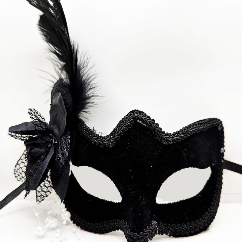 Siyah Süet Yandan Tüylü İncili Parti Maskesi