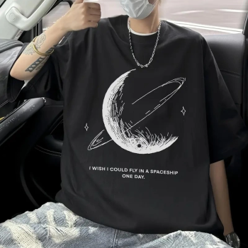 Siyah Tişört Grafik Genç Emo Vintage Gotik Rahat Büyük Beden Kısa Kollu Tişört- Siyah -