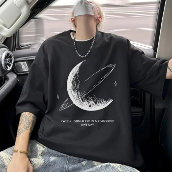 Siyah Tişört Grafik Genç Emo Vintage Gotik Rahat Büyük Beden Kısa Kollu Tişört- Siyah -