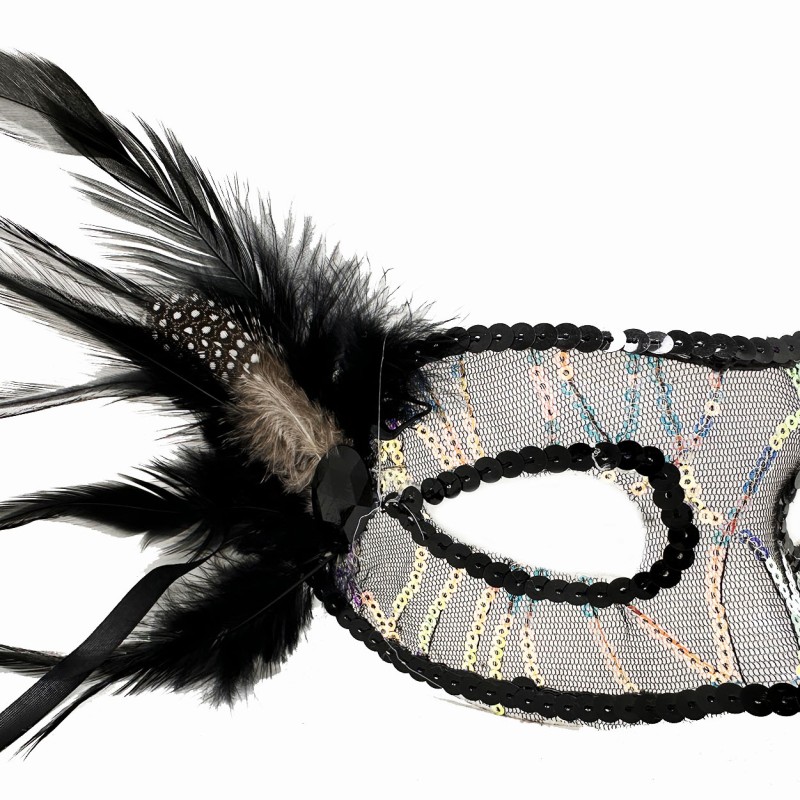 Siyah Yandan Tüylü Pul Payet Maskesi