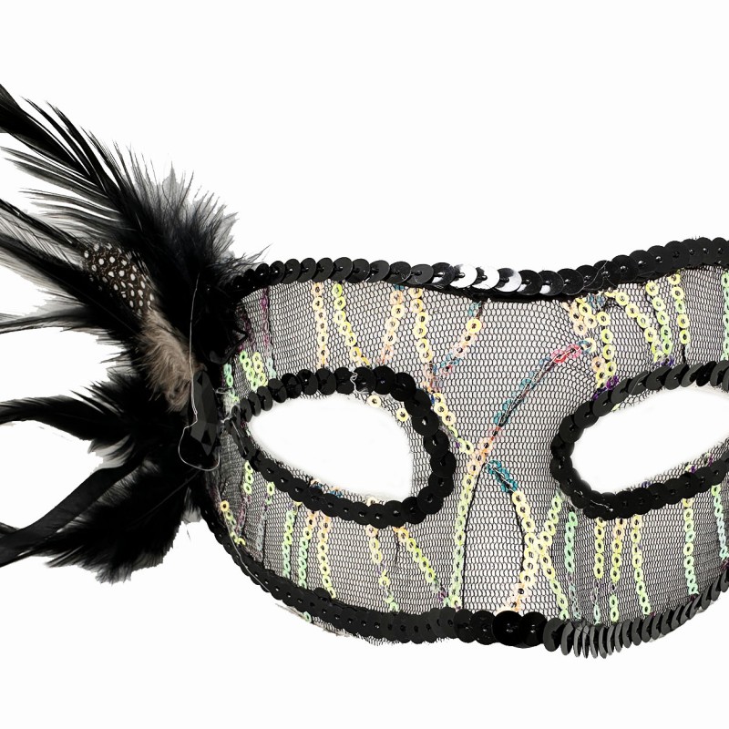 Siyah Yandan Tüylü Pul Payet Maskesi