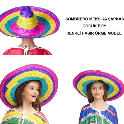 Sombrero Meksika Şapkası Renkli Örme Hasır Çocuk Boy