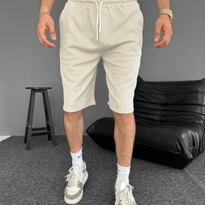 Su Yolu Çizgili Ön Arka Cepli Şort Yazlık Nefes Alabilir - Bej -