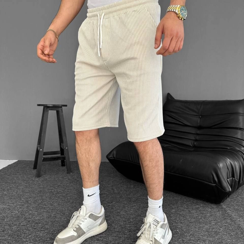 Su Yolu Çizgili Ön Arka Cepli Şort Yazlık Nefes Alabilir - Bej -