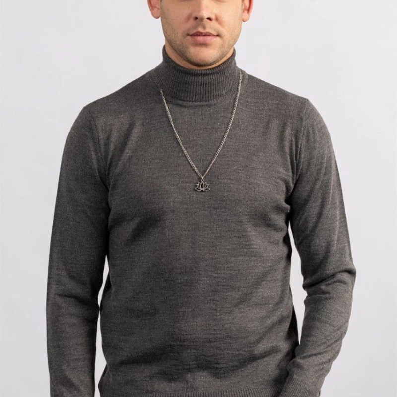 Tam Boğazlı Balıkçı Yaka Dokuma Triko - Füme -