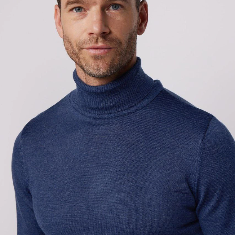 Tam Boğazlı Balıkçı Yaka Dokuma Triko - İndigo