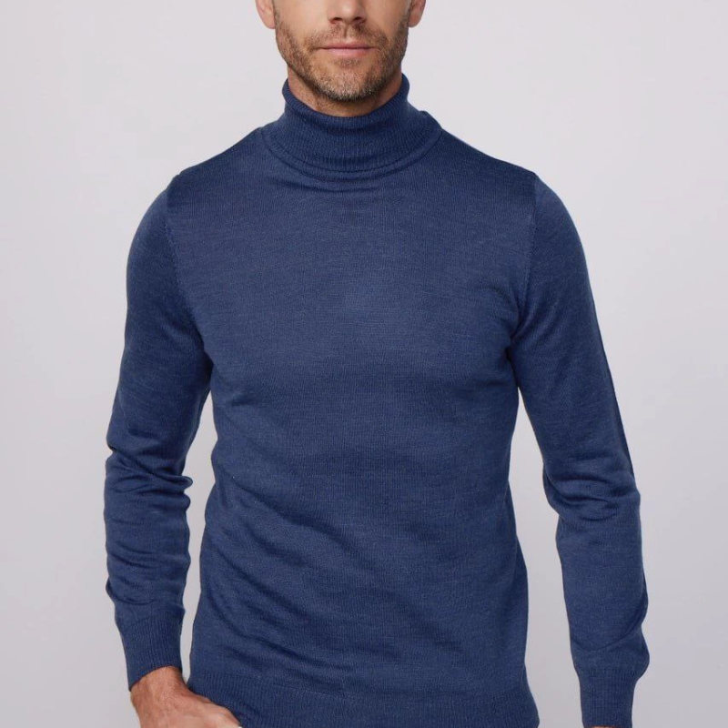 Tam Boğazlı Balıkçı Yaka Dokuma Triko - İndigo