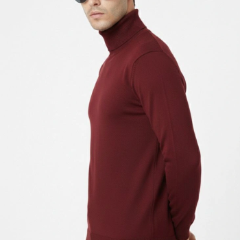 Tam Boğazlı Balıkcı Yaka Triko Kazak yumuşak dokulu Pamuklu ince Dokuma, uzun kollu Rahat Regular kalıp - Bordo