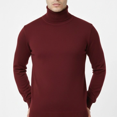 Tam Boğazlı Balıkcı Yaka Triko Kazak yumuşak dokulu Pamuklu ince Dokuma, uzun kollu Rahat Regular kalıp - Bordo