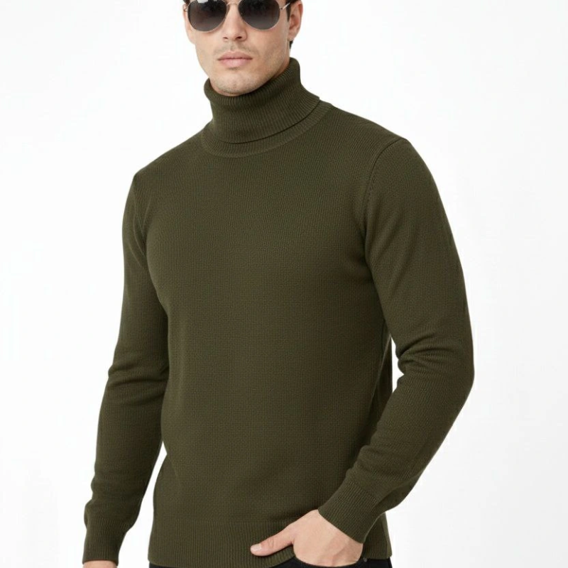 Tam Boğazlı Balıkcı Yaka Triko Kazak yumuşak dokulu Pamuklu ince Dokuma, uzun kollu Rahat Regular kalıp - Haki