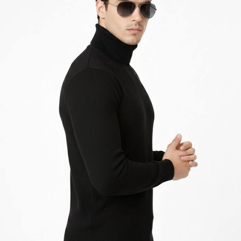 Tam Boğazlı Balıkcı Yaka Triko Kazak yumuşak dokulu Pamuklu ince Dokuma, uzun kollu Rahat Regular kalıp - Siyah