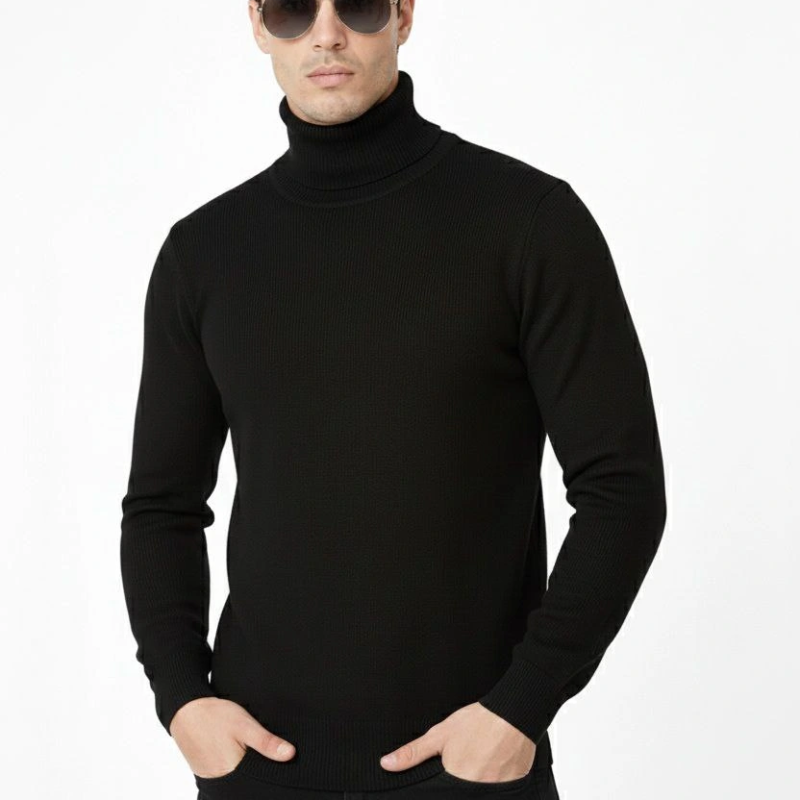 Tam Boğazlı Balıkcı Yaka Triko Kazak yumuşak dokulu Pamuklu ince Dokuma, uzun kollu Rahat Regular kalıp - Siyah