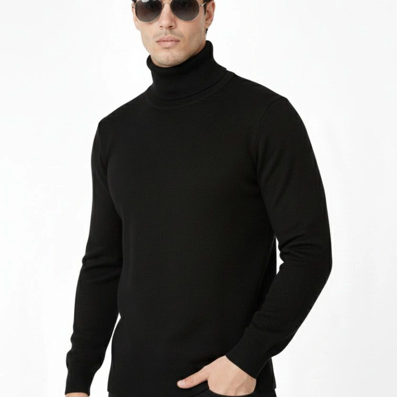 Tam Boğazlı Balıkcı Yaka Triko Kazak yumuşak dokulu Pamuklu ince Dokuma, uzun kollu Rahat Regular kalıp - Siyah