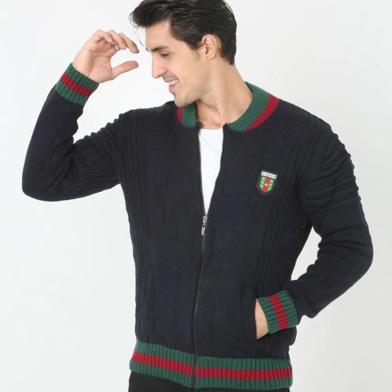 Tam Fermuarlı Triko Hırka - Lacivert -