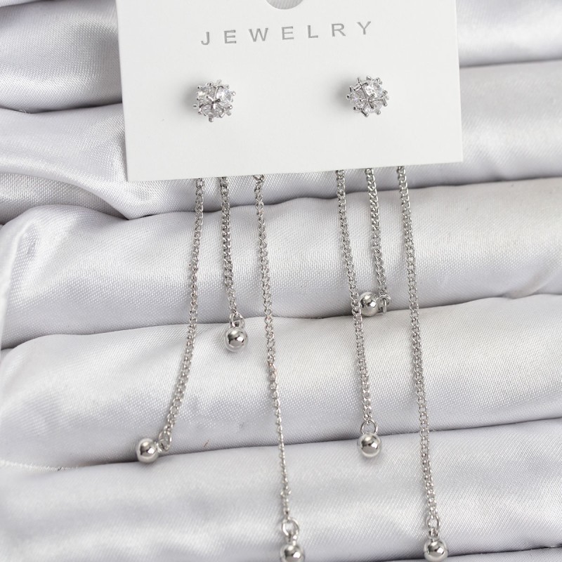 Topçuk Model Gümüş Renk Pirinç Sallantılı Kadın Küpe Seti