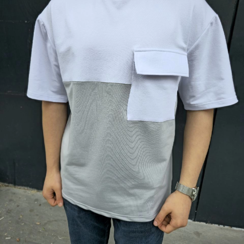 Torba Cep Detaylı Parçalı T-Shirt - Gri -