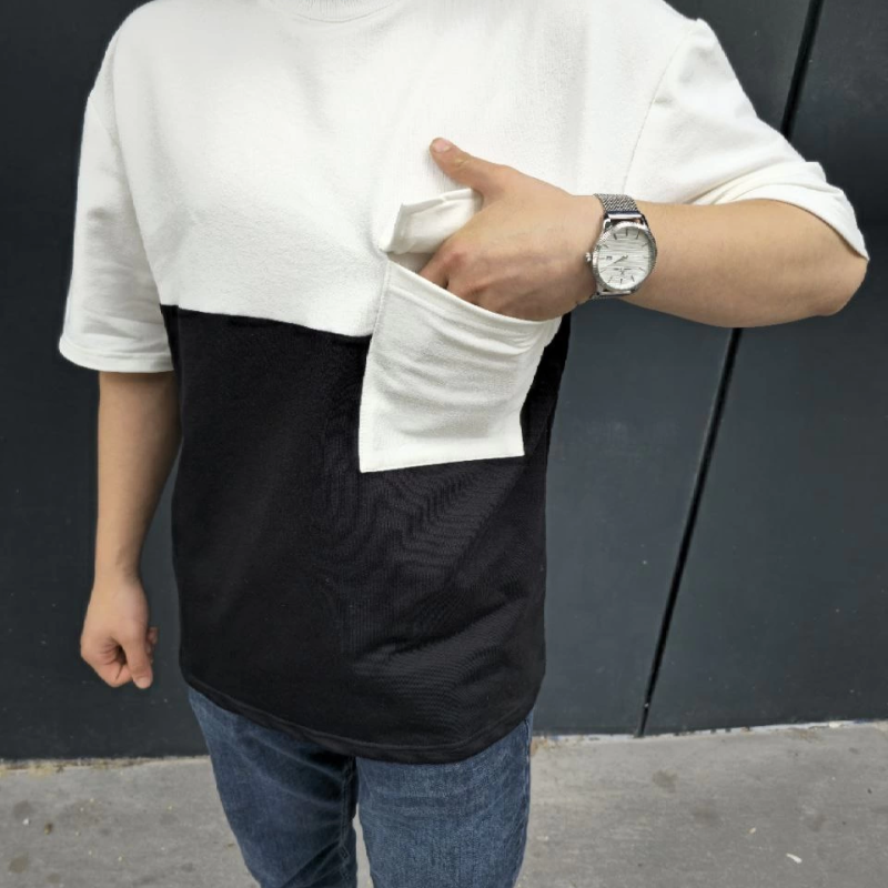 Torba Cep Detaylı Parçalı T-Shirt - Siyah -