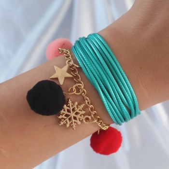 Turkuaz Renk Kar Tanesi Figür Zincir Detay İpli Çoklu Bileklik