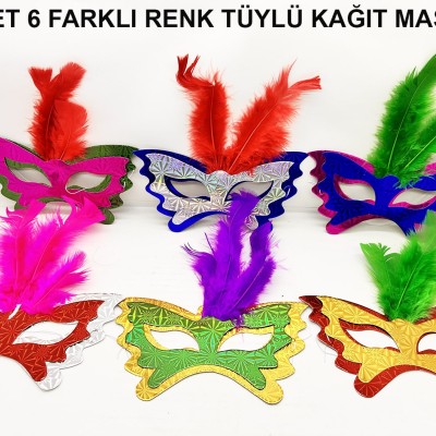Tüylü Kağıt Parti Venedik Balo After Maskesi 6 Adet
