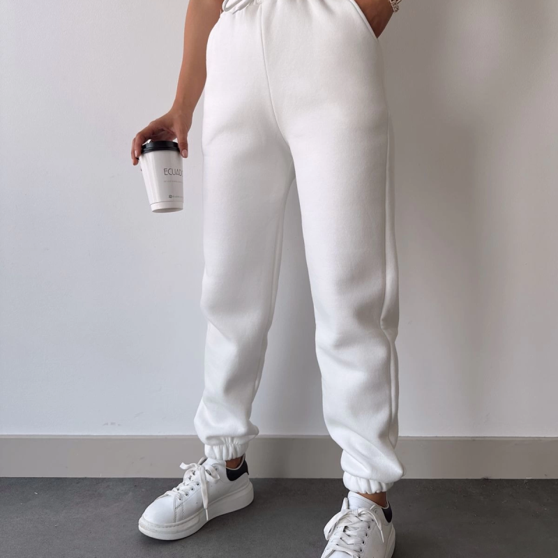 Üç İplik Basic Lastikli Eşofman Pantolon - Beyaz